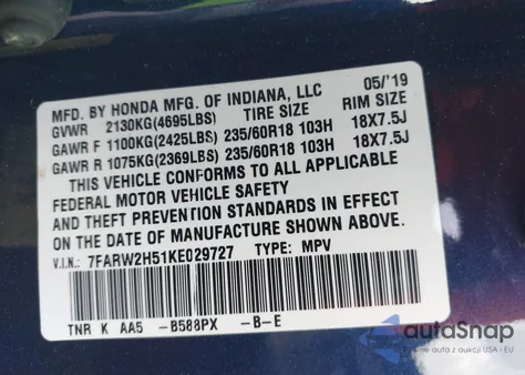 2019 Honda Cr-V Ex from USA, damaged, VIN 7FARW2H51KE029727